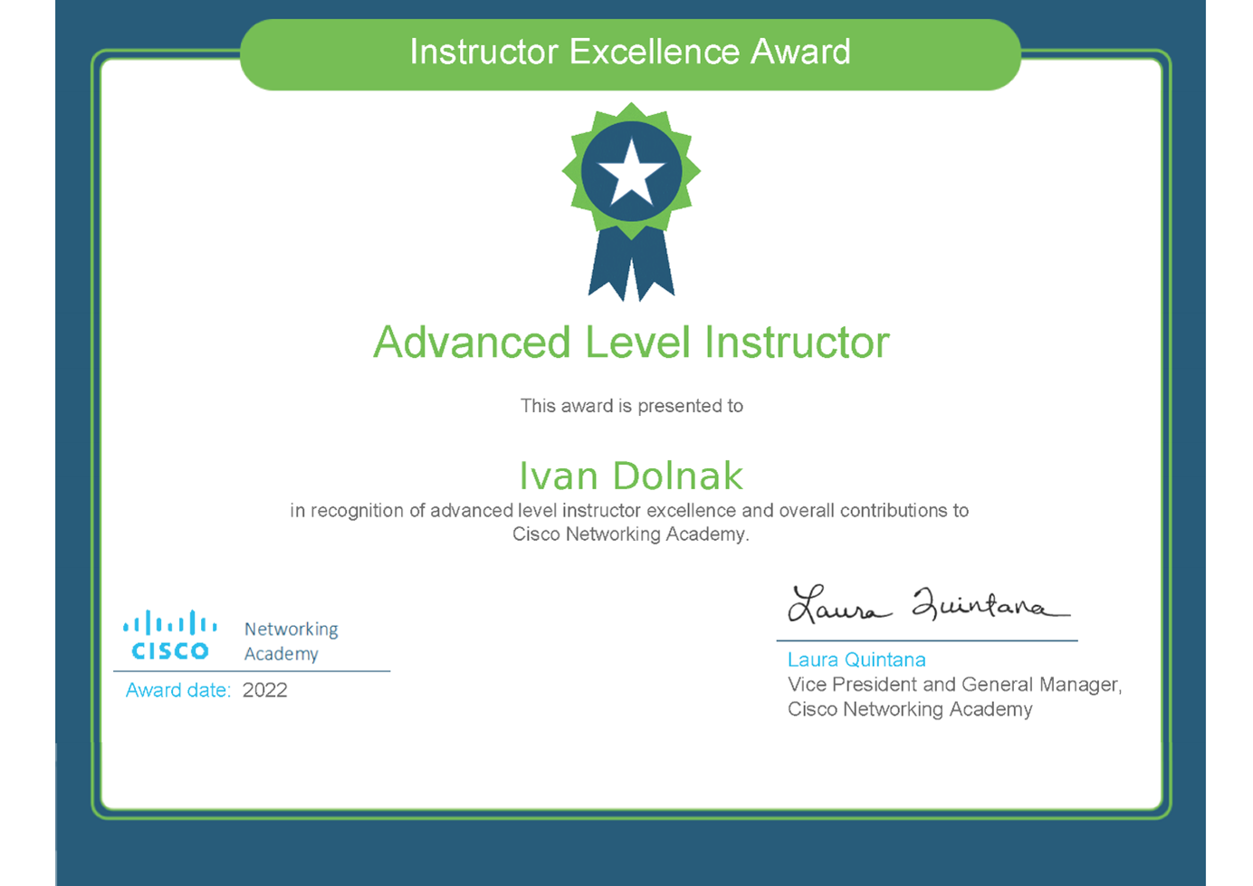 Ocenenie Cisco Advanced Level Instructor na FEIT UNIZA
